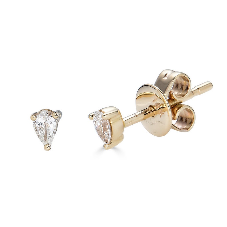 14k Gold Tiny Diamond Studs, Pear Studs, Dainty gold studs, dainty diamond studs, simple earrings, 2nd hole earring, Cartilage Stud 4-D5 zdjęcie 1