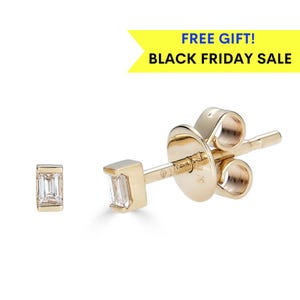 14K CZ Tiny Baguette Studs, Real Gold Mini Baguette Stud Earrings, Solid Gold Tiny Studs, Real Gold Baguette Studs, 2nd hole stud Earrings