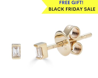 14K CZ Tiny Baguette Studs, Real Gold Mini Baguette Stud Earrings, Solid Gold Tiny Studs, Real Gold Baguette Studs, 2nd hole stud Earrings