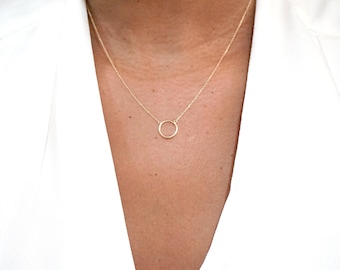 14K Solid Gold Circle Necklace, Delicate Karma Pendant