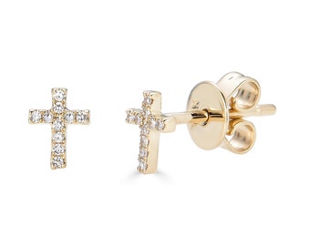 14k Gold Diamond Cross Studs, Tiny Cross Stud Earrings, Tiny Gold Cross Earrings, 14k Tiny Studs, christmas gift for her - (4-A1-A2)
