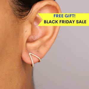 14k Diamond Huggie Hoop Earrings, Double Hoop Earring, Solid Gold Hoop Earrings, tiny diamond hoops, black friday sale, 2nd hole earring