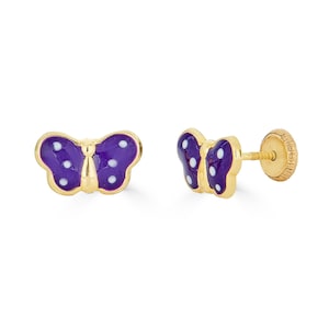 14K Large Purple Butterfly Studs, Solid Gold earrings for girls, Butterfly earrings for girls, Solid Gold Screw back earrings for children