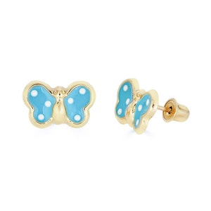 14K Large Blue Butterfly Studs, Solid Gold earrings for girls, Butterfly earrings for girls, Solid Gold Screw back earrings for children