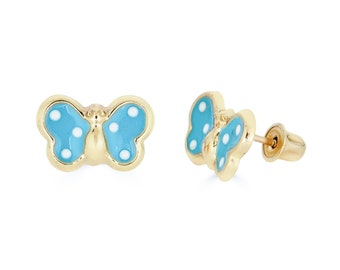 14K große blaue Schmetterling Ohrstecker, Ohrringe aus solidem Gold für Mädchen, Schmetterling Ohrringe für Mädchen, Ohrringe aus solidem Gold für Kinder