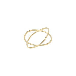 May include: A gold-toned ring with a simple, modern design featuring two intersecting bands.