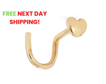 14K Solid Gold Heart Nose Stud, 20g 0.80 mm Nose Stud, heart nose stud, 14k Heart Nose Ring, Screw Nose Stud - 14K Body Piercing Jewelry