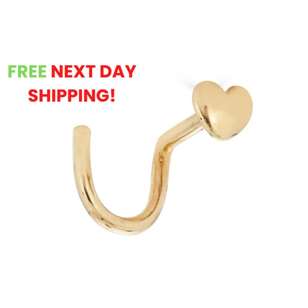 14K Solid Gold Heart Nose Stud, 20g 0.80 mm Nose Stud, heart nose stud, 14k Heart Nose Ring, Screw Nose Stud - 14K Body Piercing Jewelry