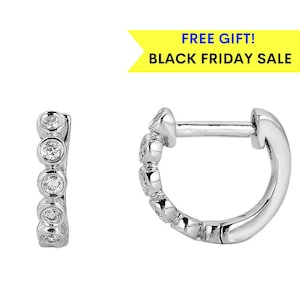 14k Diamond Bezel Huggie Hoop Earrings, Solid Gold Hoop Earrings, tiny diamond hoop earrings, black friday, 2nd hole earring, gift for wife