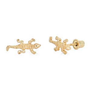 Aretes tipo lagarto de oro de 14 quilates, aretes tipo lagarto de oro real, aretes tipo lagarto con cierre de rosca de oro macizo, regalo para ella, joyas tipo lagarto de oro de 14 quilates