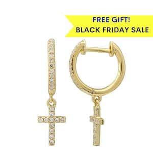 14K Diamond Cross Huggie Earrings, 14K Dangling Cross hoop earrings, Gift for her, Unisex Earrings, Diamond Cross earrings, Diamond hoops