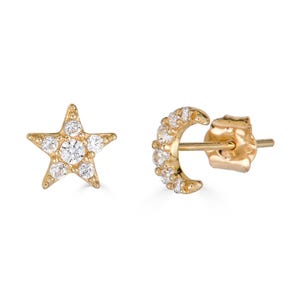 14K CZ Moon & Star Studs, 14K Gold Celestial Stud Earrings, 14K Solid Gold Star Earrings, Real Gold Earrings, Gift for her