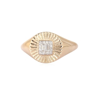 14K Diamond Signet Pinky Ring With Baguettes, Textured Signet Ring, real gold signet ring, diamond signet ring, diamond pinky ring, sale