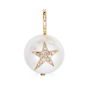 14k Gold Star Charm, Gold Pearl Charm, Pearl Charm, 14K Gold Diamond Star Charm, Diamond Star Pearl, Christmas Gift, Celestial Jewelry
