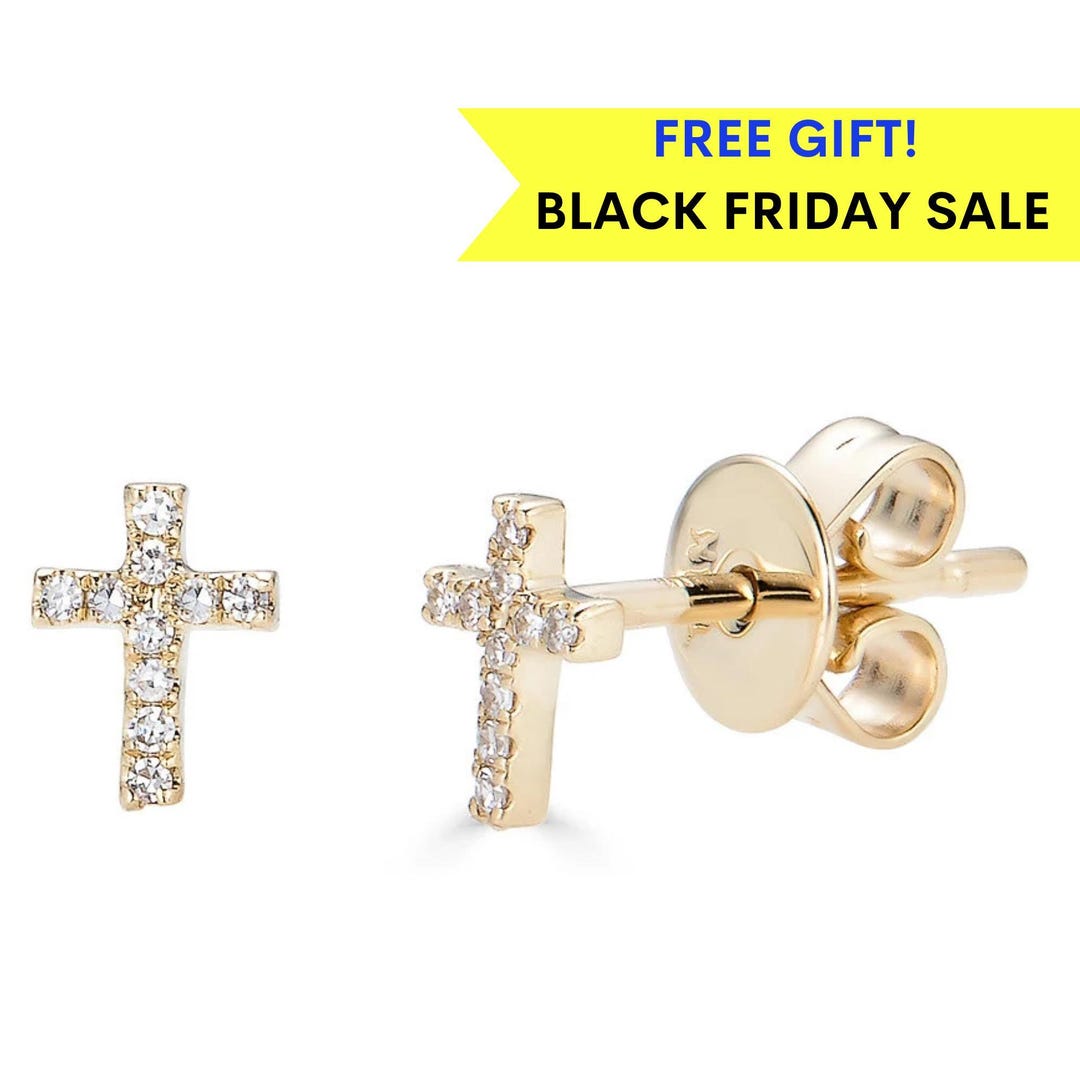 14k Gold Diamond Cross Studs, Tiny Cross Stud Earrings, Tiny Gold