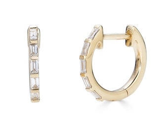 14k Diamond Huggie Hoop Earrings, Diamond Baguette, Solid Gold Hoop Earrings, 14k Gold Hoops, 2nd hole earring - (3-B7)