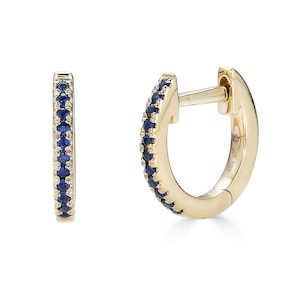 14k Sapphire Huggie Hoop Earrings, Solid Gold Hoop Earrings, tiny diamond hoop earrings, 14k Gold Hoops, 2nd hole earring - (3-D2)