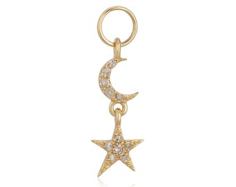 14k Diamond Moon Charm, Solid Gold Diamond Charm, Diamond Star Pendant, black friday sale, 14k North Star Necklace, 14k Celestial necklace