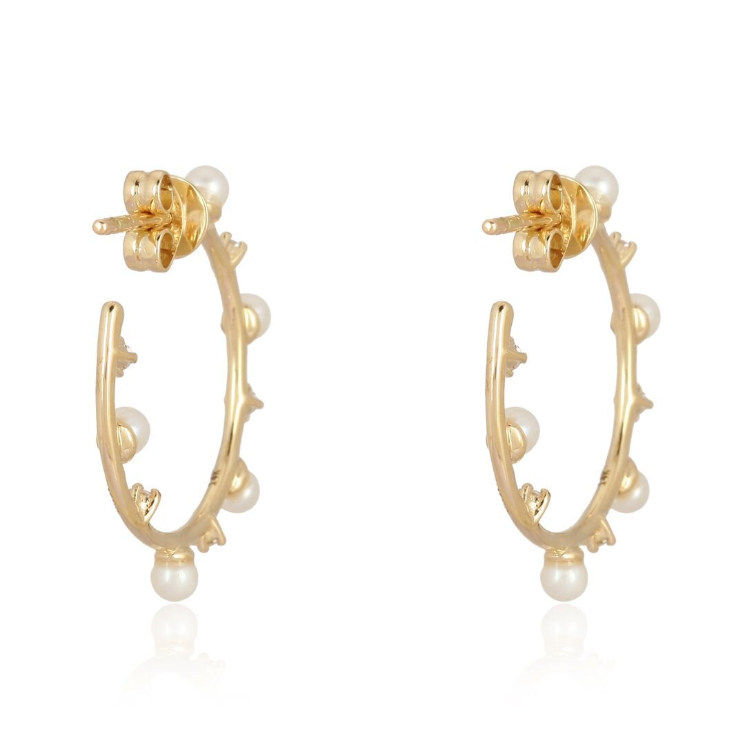 14k Diamond Pearl Hoop Earrings Solid Gold Hoop Earrings | Etsy