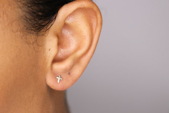 14k White Gold Tiny Cubic Zirconia Religious Cross Screw Back Earrings for  Girls - Body Pierce Jewelry