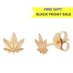 14k Gold Marijuana Studs, Gold Cannabis Leaf Studs, Gold Weed Studs, Gold Mary Jane Studs, Pot Leaf Ganja Earrings, black friday, christmas