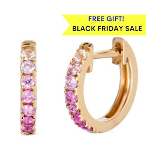 14k Pink Sapphire Huggie Hoop Earrings, Solid Gold Hoop Earrings, blue sapphire hoop earrings, 14k Gold Hoops, Gift for her, gemstone hoops