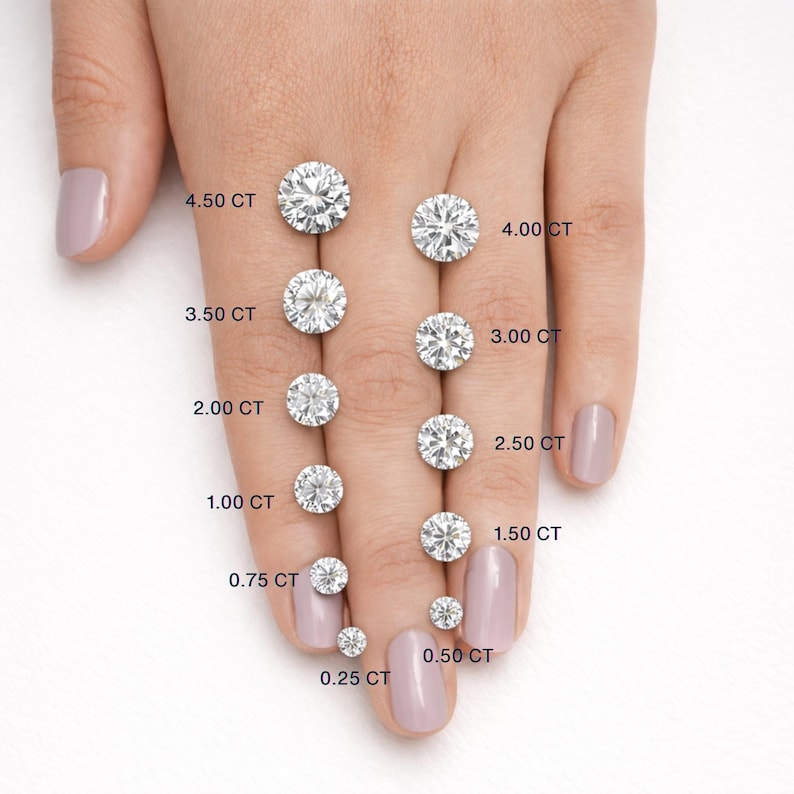 Pu&ograve; includere: Una mano mostra una variet&agrave; di diamanti taglio rotondo, che vanno da 0,25 CT a 4,50 CT. Ogni diamante &egrave; etichettato con il suo peso in carati, mostrando le diverse dimensioni disponibili. I diamanti brillano sulla pelle.