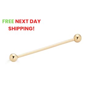 14K Gold Ball Straight Industrial Barbell Earring, 14 Gauge, Gold Long Barbell, Cartilage, Helix, Rook, Daith, Conch, Body Piercing Jewelry