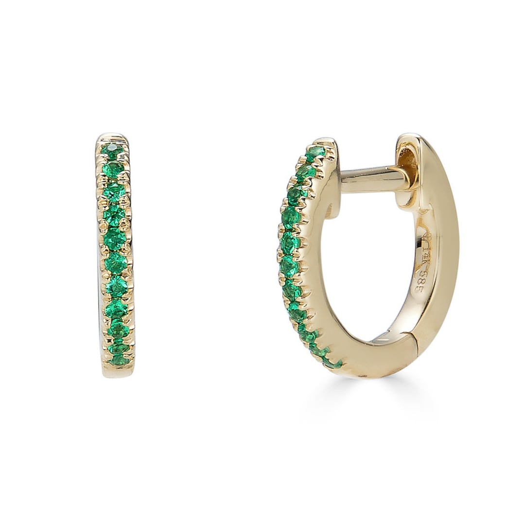 14k Emerald Huggie Hoop Earrings, Solid Gold Hoop Earrings, Tiny ...
