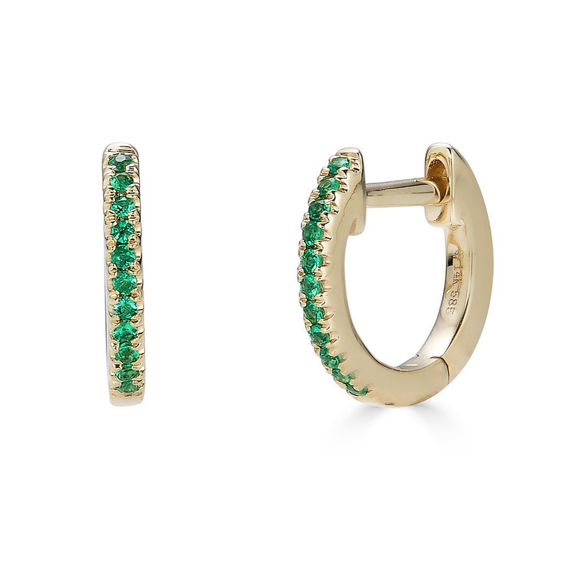 14k Emerald Huggie Hoop Earrings Solid Gold Hoop Earrings - Etsy