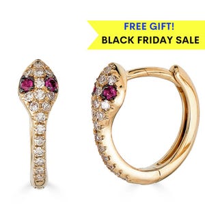14k Diamond Snake Earrings, Diamond Snake Huggie Earrings, Black Friday Sale, Solid Gold Hoop Earrings, 14k Ruby diamond hoop earrings(2-A2)