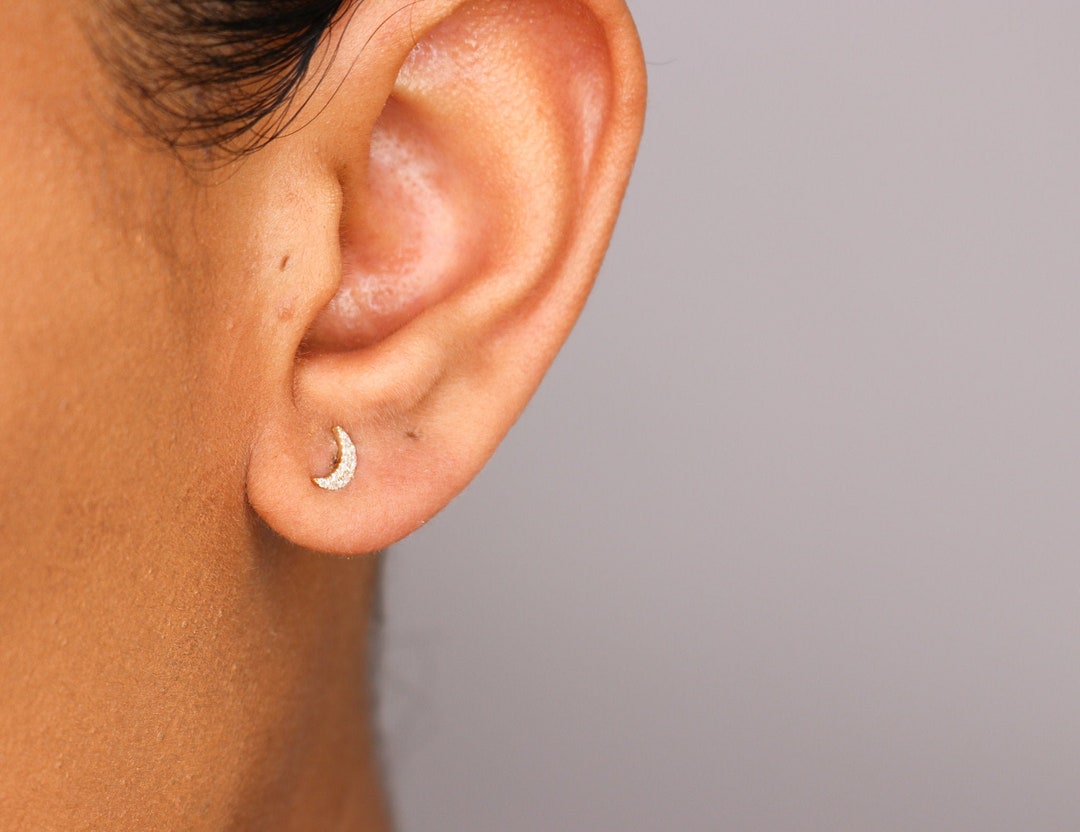 14k Diamond Moon Earrings, Diamond Stud Earrings, Celestial Jewelry