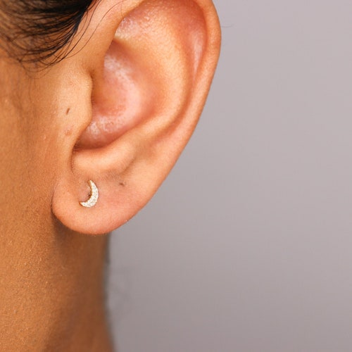 14k Diamond Moon Earrings Diamond Stud Earrings Celestial Etsy