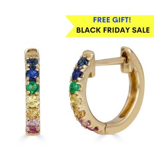14k Rainbow Sapphire Huggie Earrings, Multi Colored Sapphire Hoop Earrings, Christmas gift for her, Gold Rainbow Hoop Birthstone Earrings
