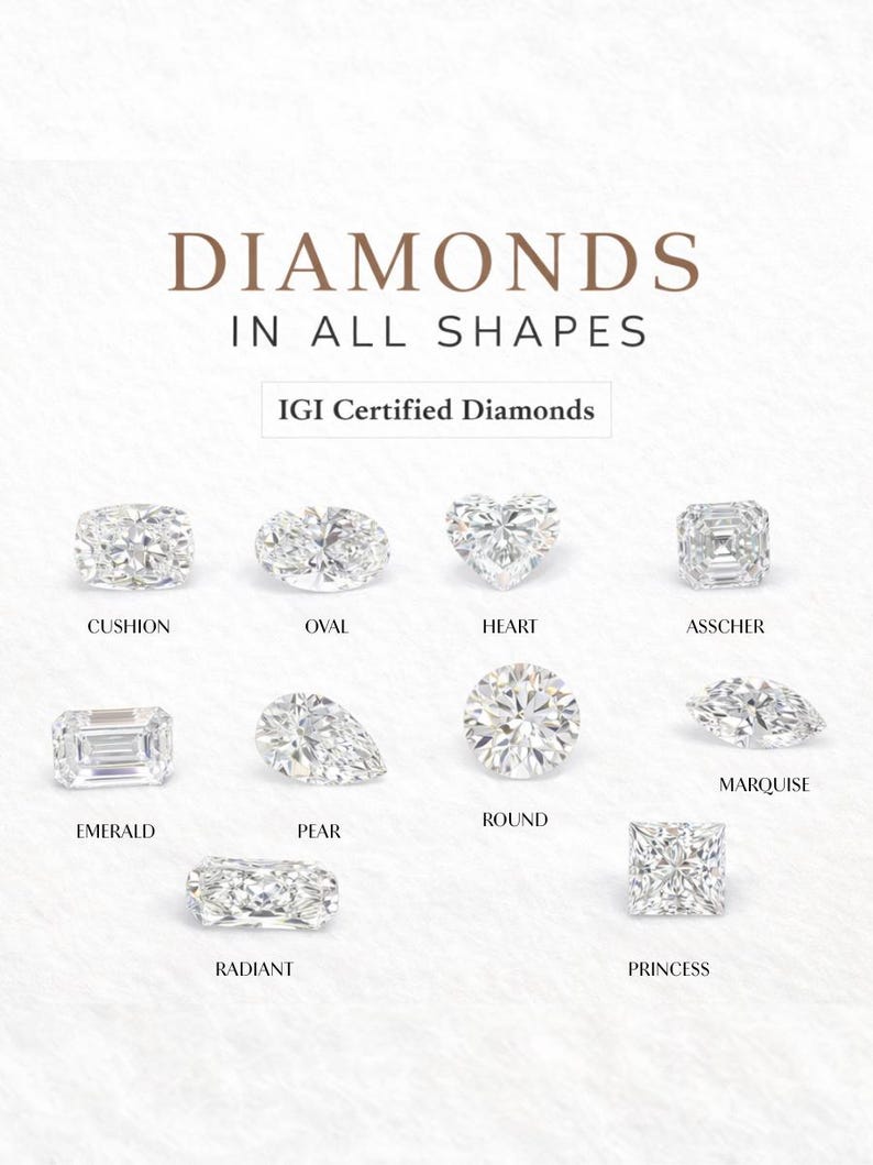 Pu&ograve; includere: Immagine che mostra varie forme di diamanti: cuscino, ovale, cuore, asscher, smeraldo, pera, rotondo, marquise, radiante e principessa. Il testo recita "DIAMANTI IN TUTTE LE FORME" e "Diamanti certificati IGI".