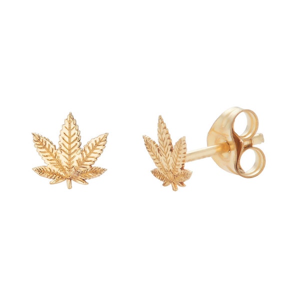 14k Gold Marijuana Studs, Gold Cannabis Leaf Studs, Gold Weed Studs, Gold Mary Jane Studs, Pot Leaf Ganja Earrings, black friday - (2-E7)