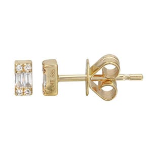 14K Yellow Gold Bar Baguette Diamond Stud Earrings, Diamond baguette stud earrings, real gold everyday diamond studs, 14k baguette diamonds