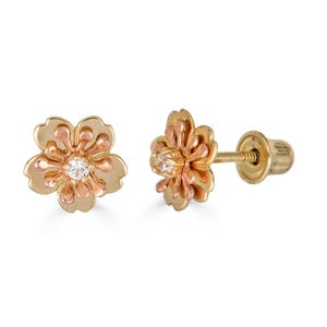 14K Gold Flower CZ Stud Earrings, 14k Diamond Simulant flower stud earrings, Real Gold stud earrings,Everyday diamond earrings, gift for her