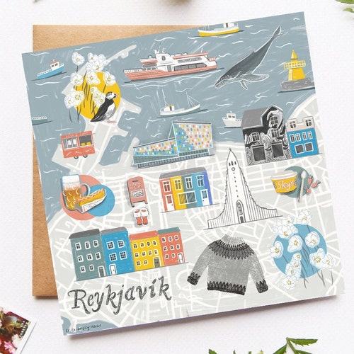 Reykjavík Card Iceland Illustrated Map Icelandic Travel Etsy