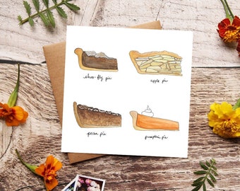 Carta vacanza torta di zucca, illustrazione alimentare, buon ringraziamento, regalo host, torta di mele, carte per mamma, biglietto di ringraziamento, biglietto da visita vuoto