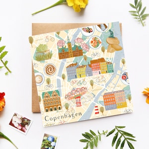 Copenhagen Map Card, København, Dinamarca Mapa ilustrado, City Art, Danish Travel Art Gifts, Happy Travels Card