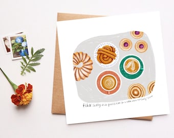 Fika Card, Swedish Coffee Break Tradition, Småkakor, Kaffe, Kanelbullar, Savor the Moment, Hygge, Scandinavian Illustration, Sweet Treats