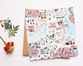 Mappa di Boston Card, Love Boston, You're My Home, Cambridge, Back Bay, Fenway, North South End, Good Luck at College University, Blank Card
