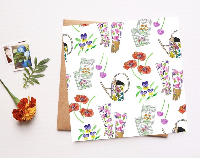 Bloom Pattern Design Seeds Spring Floral Greeting Card Allium Pansies Poppies Thank You Note Springtime Whimsy Illustration