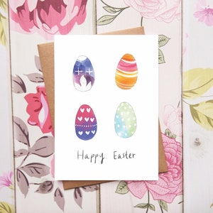 Cartão de feliz Páscoa, ovos de Páscoa pintados, ilustração em aquarela e tinta, cartões de primavera para mamãe, cartões para vovó, cartões para netos