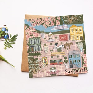 Carte Savannah en Géorgie, carte illustrée, ville du sud avec hôtesse, illustration artistique de la savane, EVJF, lune de miel, cadeau carte de mariage