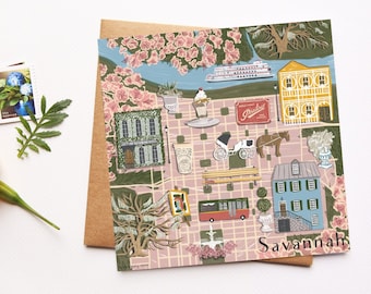 Savannah Georgia Card, Illustrated Map, Hostess City of the South, Savannah Illustration Art, Bachelorette, Honeymoon, Wedding Card Gift