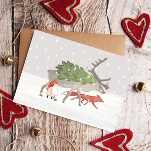 Tomten's Harvest, Merry Christmas Card, Scandinavian Christmas, Nordic Happy Holidays Card, Folktale Art, Reindeer Fox Tomten Illustration