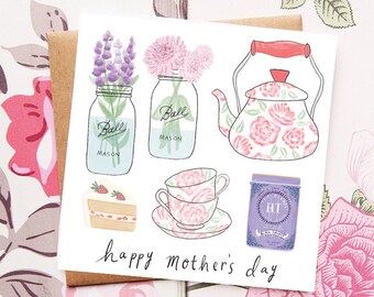 Happy Mother's Day Card, Card for Mom, Mother's Day Floral Illustration, Tea, Cake, Flowers, Tea for Two, Mother's Day Gift, Love You Mom