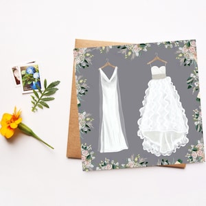 Dos vestidos, tarjeta de boda LGBTQ, felicitaciones, lesbianas gay bisexual transgénero queer, pareja feliz, ilustración de la boda, el amor es el amor